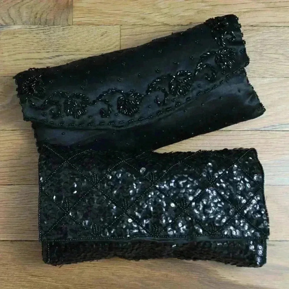 Handbags - Set of 2 Vintage Black Bead and Sequin Formal Clutches Snap Closure Silky